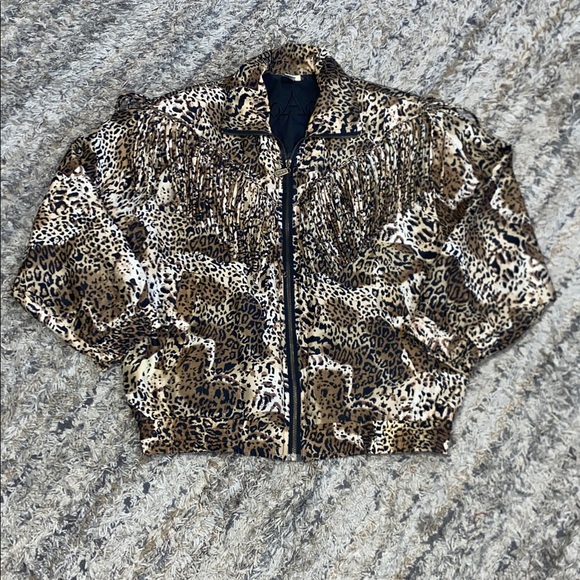COACO vintage 100% silk Leopard Print Bomber Jacket w/ fringe western sz 38 M/L - Picture 2 of 13